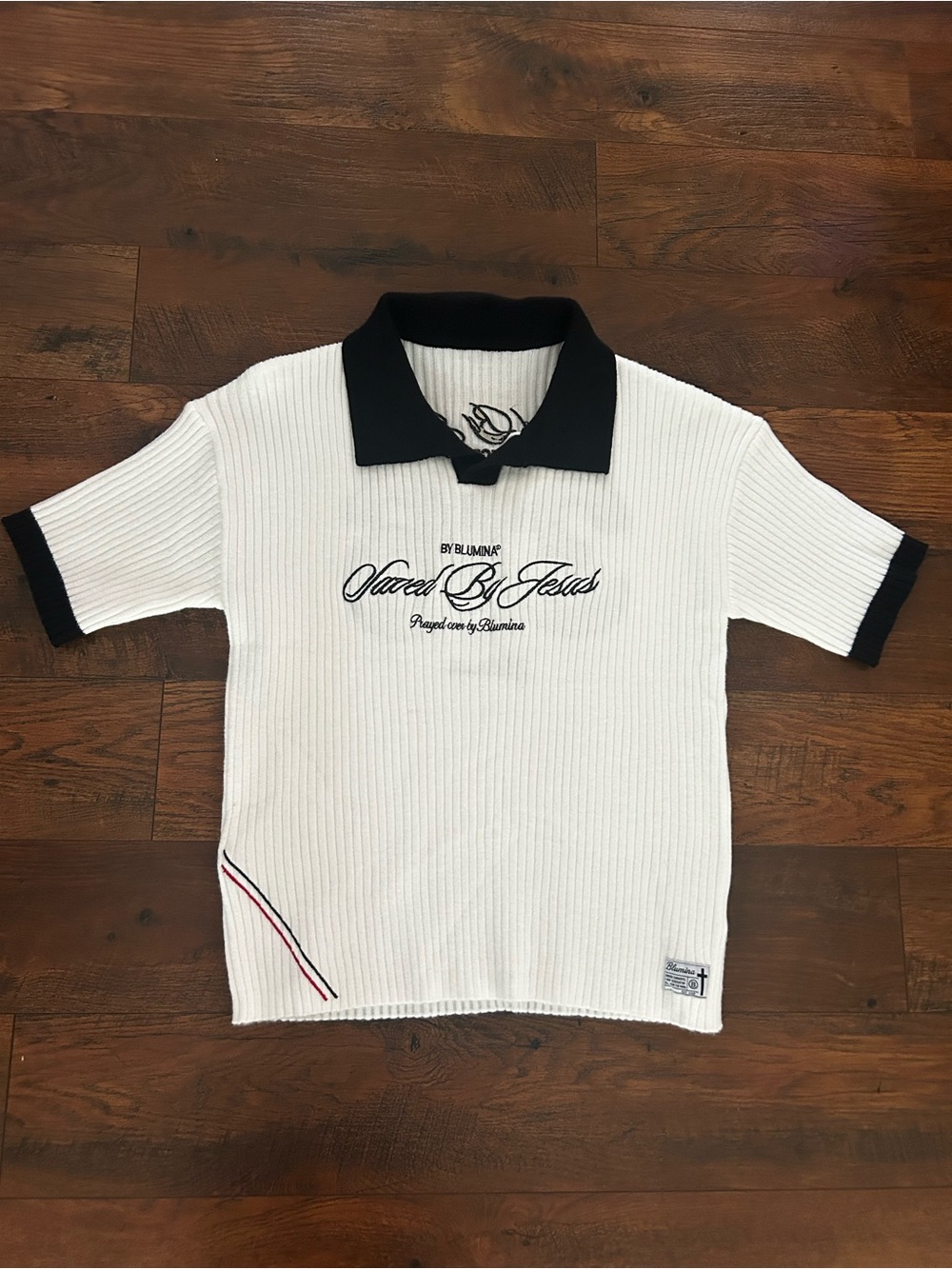 Blumina “saved by Jesus” ivory knit Polo